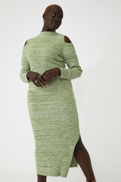 Curve Cold Shoulder Knit Midi Dress, SOFT GREEN TWIST