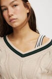 Varsity V-Neck Crop Cable Sweater, STONE PINE GREEN TIPPING - alternate image 4