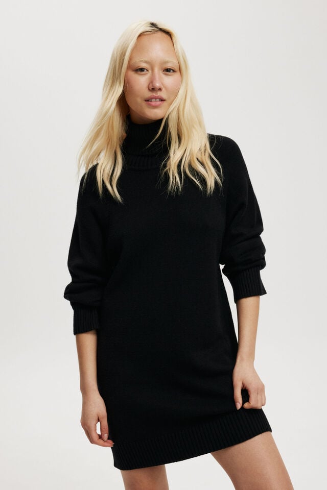 Lux Roll Neck Knit Mini Dress, BLACK