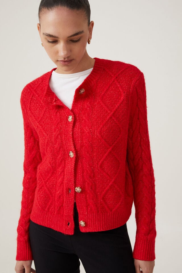 Luxe Cable Crew Cardigan, CHERRY ROUGE