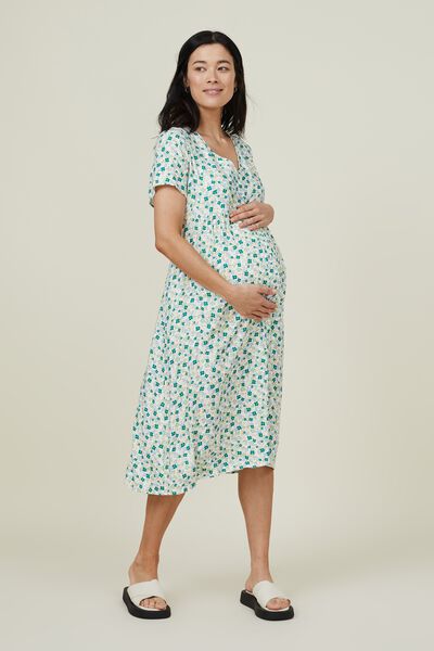 Maternity Friendly Tie Back S/S Midi Dress, MOLLY MEADOW FIELD GREEN