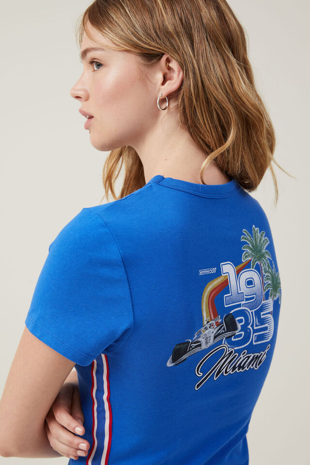 Fitted Graphic Longline Tee, MIAMI 1985/PACIFIC BLUE