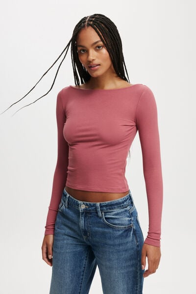 Staple Rib Boat Neck Long Sleeve Top, SUGAR PLUM