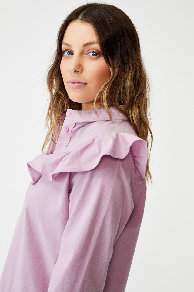 Woven Jade Long Sleeve Ruffle Shirt Mini Dress, SOFT MAUVE