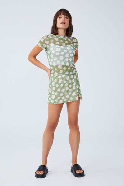 Zoe Micro Mesh Mini Skirt, MINA FLORAL CAMPER GREEN