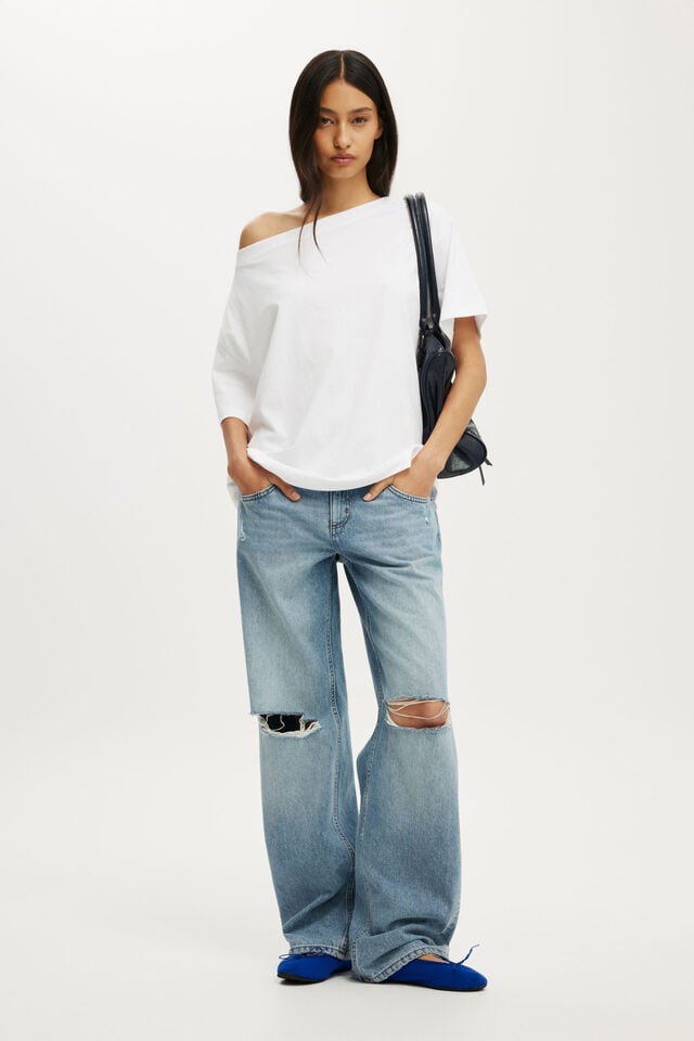Boxy Off Shoulder Short Sleeve Tee, WHITE