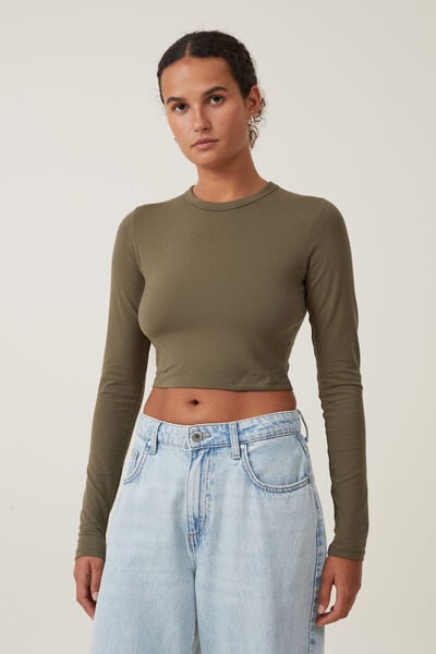 Micro Crop Long Sleeve Top, KHAKI GREEN