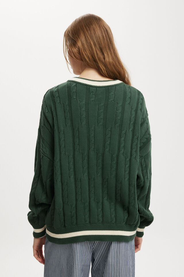 Cotton Crew Neck Pullover, PINE FOREST TIPPING/ CABLE