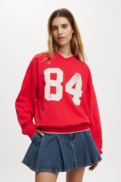 Classic Fleece Graphic V Neck Sweatshirt, 84/ SCARLET RED