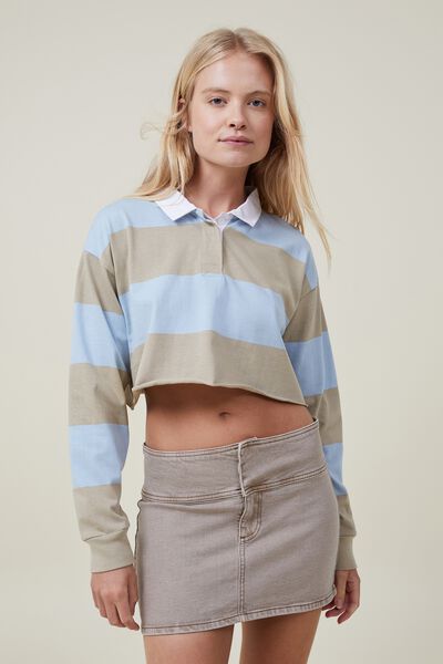 Camiseta - Winona Crop Polo Long Sleeve, MEGA STRIPE MID TAUPE/SHORELINE