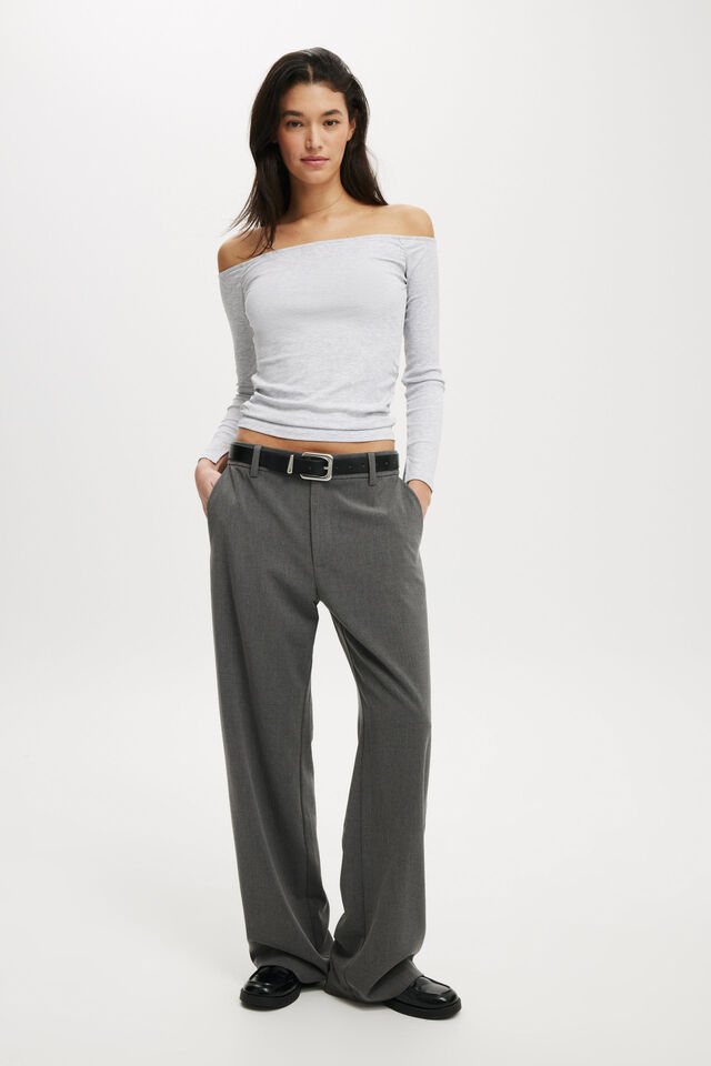 Staple Rib Rouched Off The Shoulder Top, GREY MARLE