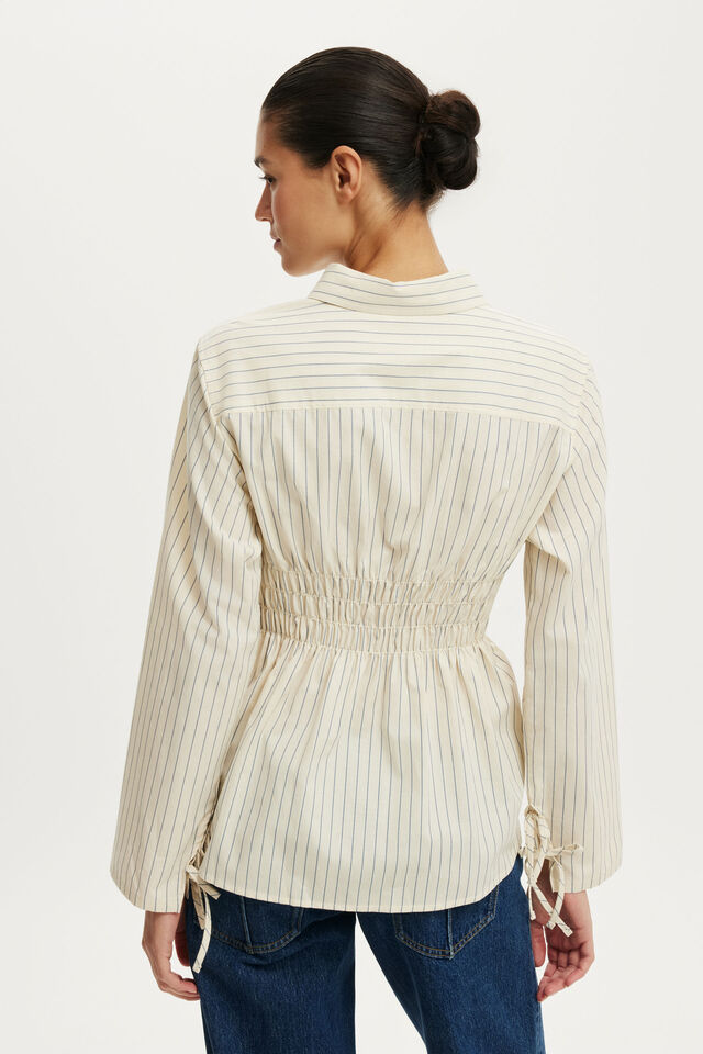 Gathered Long Sleeve Shirt, VANILLA GLOW PINSTRIPE