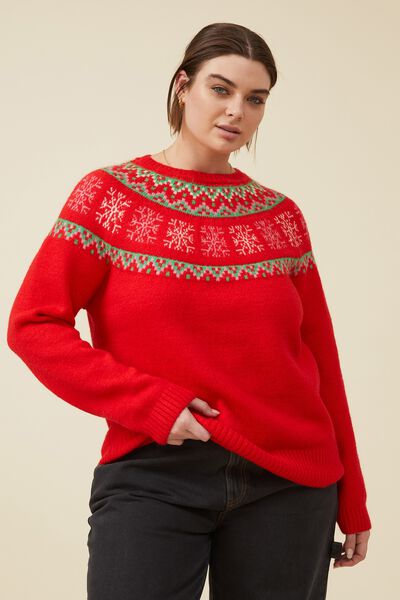 Curve Christmas Crew Neck Sweater, SNOWFLAKE PLACEMENT RED