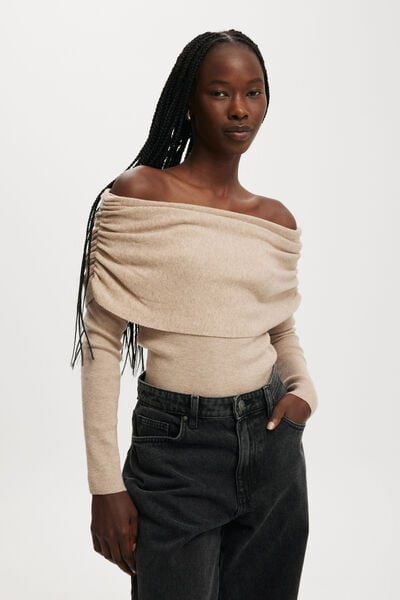 Everfine Rib Ruched Off Shoulder, MID TAUPE MARLE