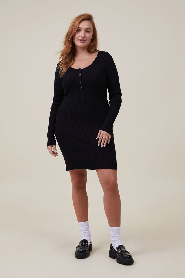 Curve Henley Knit Mini Dress, BLACK