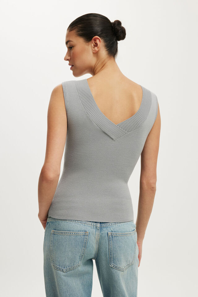 Double Knit V Neck Tank, GREY