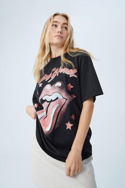 Boyfriend Fit Rolling Stones Tee, LCN ROLLING STONES STAR TONGUE/WASHED BLACK