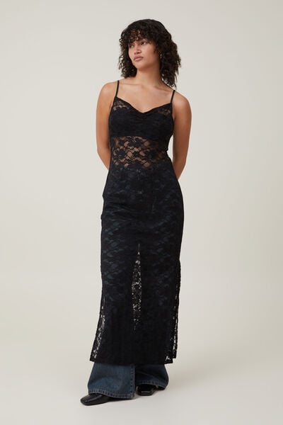 Lace Slip Maxi Dress, BLACK