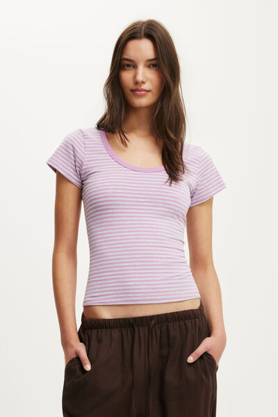Everyday Smooth Scoop Neck Tee, MADI STRIPE GREY MARLE/LAVENDER DUSK