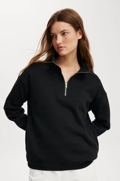 Classic Fleece Oversized Half Zip Sweatshirt, BLACK