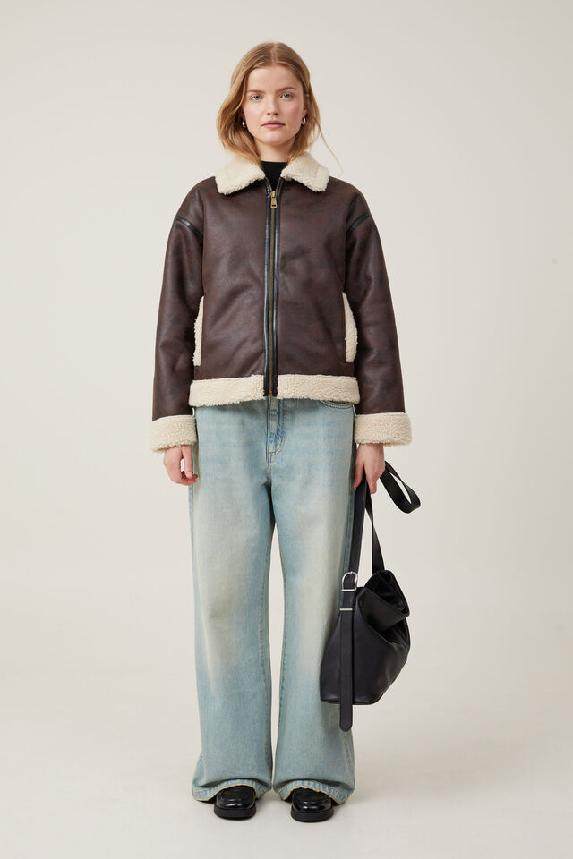 Dakota Faux Leather Jacket, BROWN/ CREAM