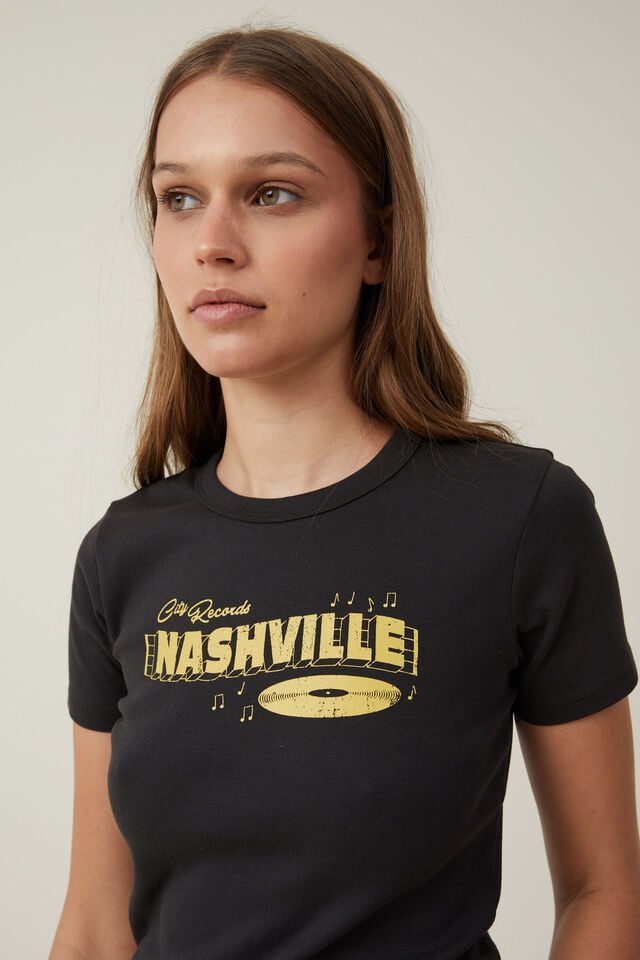 Fitted Rib Graphic Longline Tee, NASHVILLE CITY/ WASHED BLACK