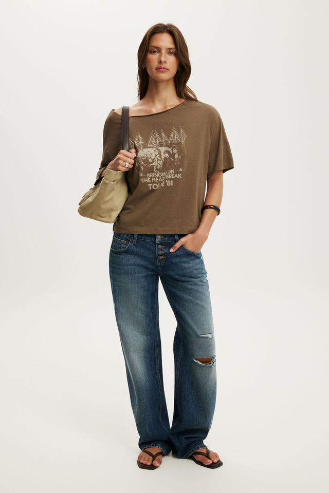 Lcn Music Off Shoulder Boxy Graphic Tee, LCN BRA DEF LEPPARD TOUR 81 / DEEP TAUPE