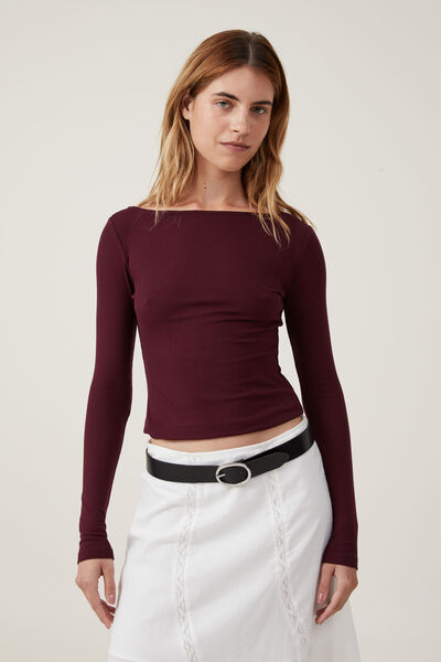 Staple Rib Boat Neck Long Sleeve Top, DEEP BERRY