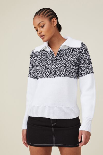 Half Zip Happy Heritage Sweater, ZOE FAIRISLE BLACK WHITE