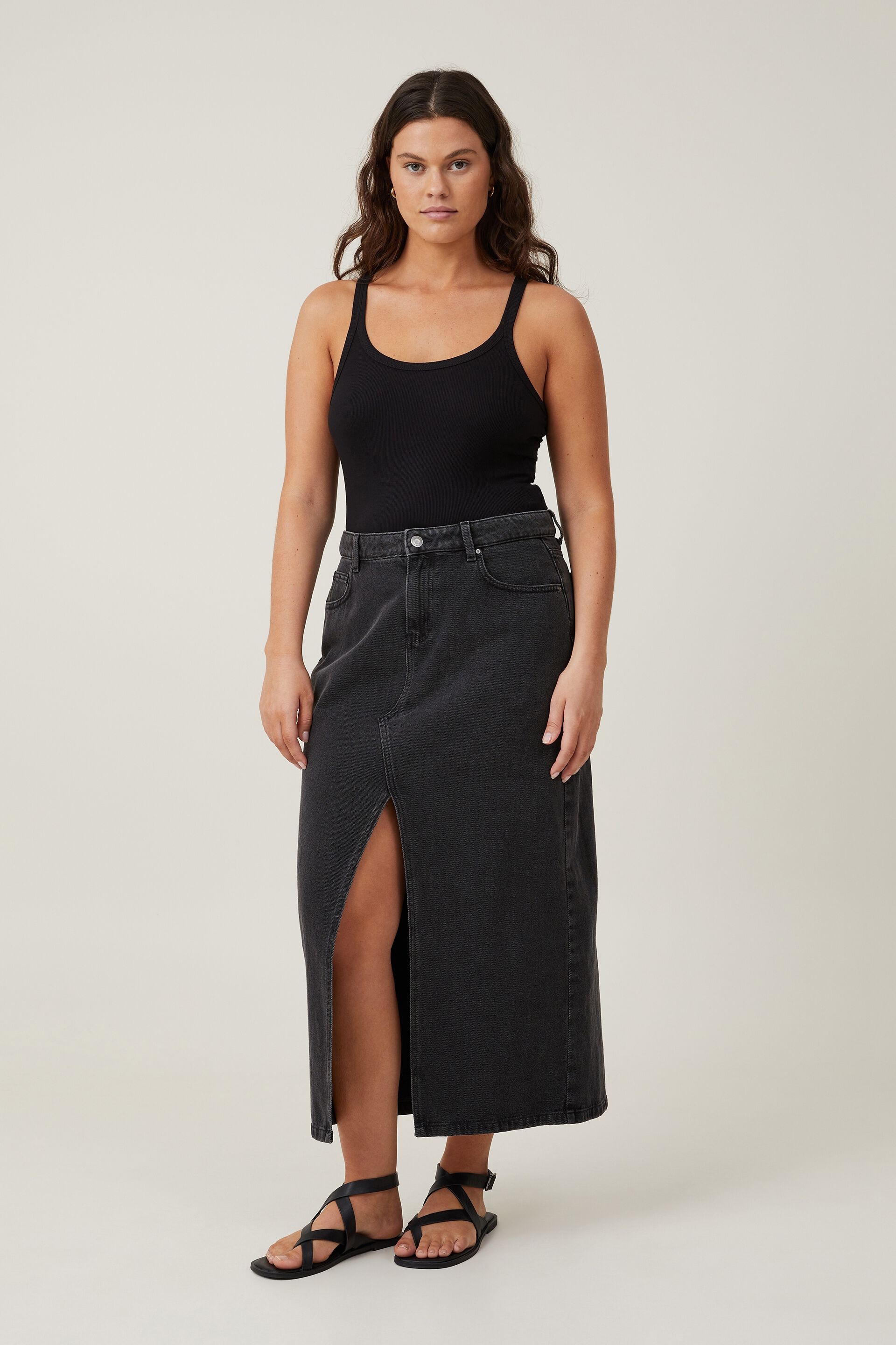 Basic Split Front Denim Maxi Skirt | boohoo