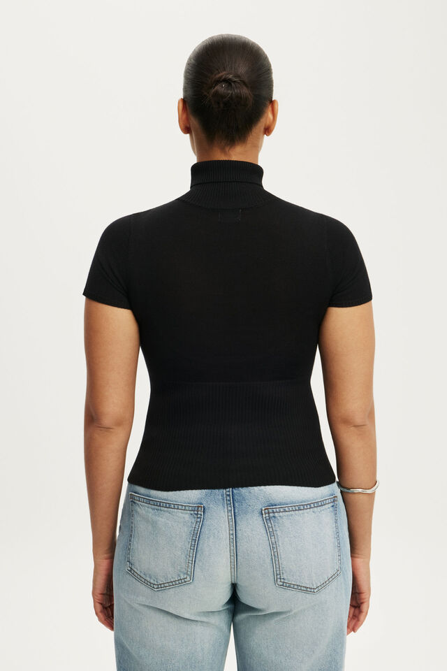 Close Knit Ss Roll Neck, BLACK