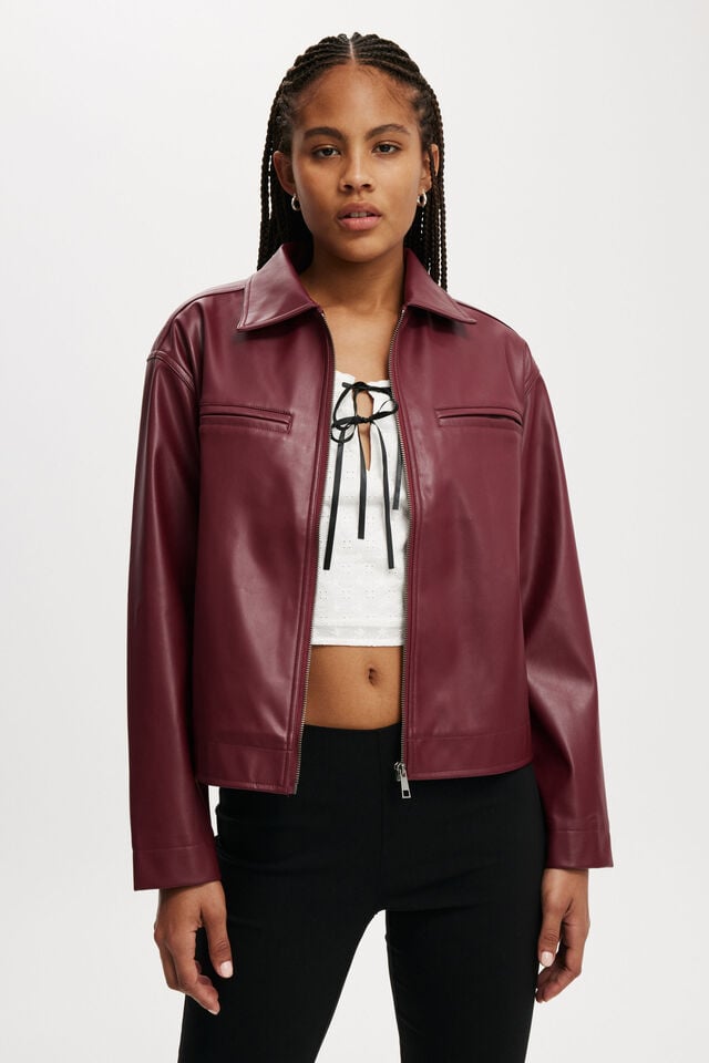 Ivy Faux Leather Jacket, DEEP CHERRY