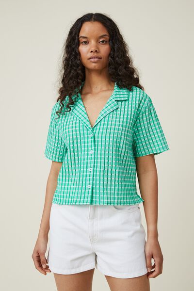 Sunny Cropped Short Sleeve Shirt, SPRIGHTLY GREEN CHECK