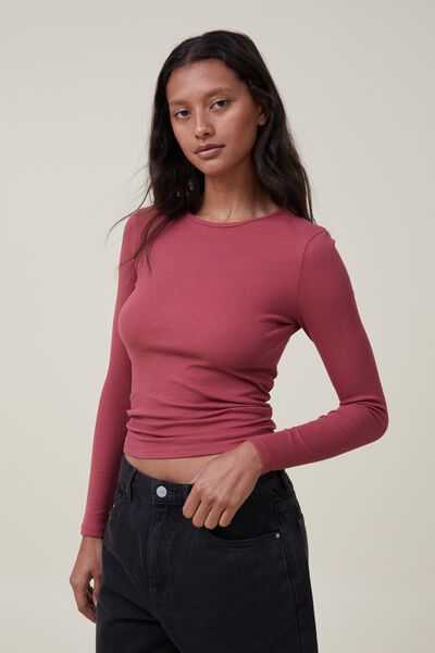 The One Organic Rib Crew Long Sleeve Top, DUSTY RED