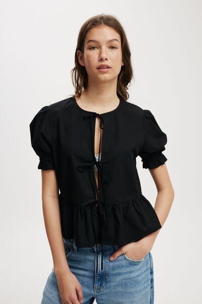 Tie Up Short Sleeve Blouse, BLACK