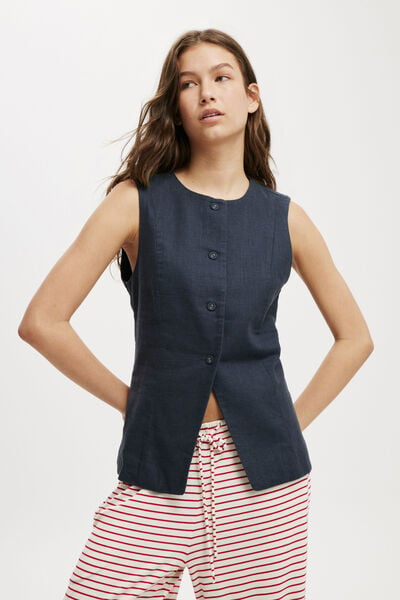 Sienna Linen Cotton Vest, INK NAVY