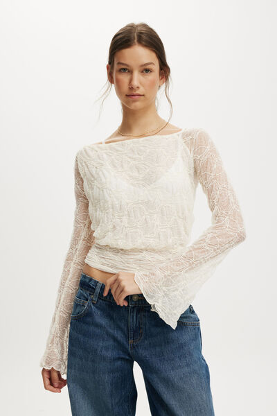 Sofia Lace Long Sleeve Top, SAND WHITE LACE