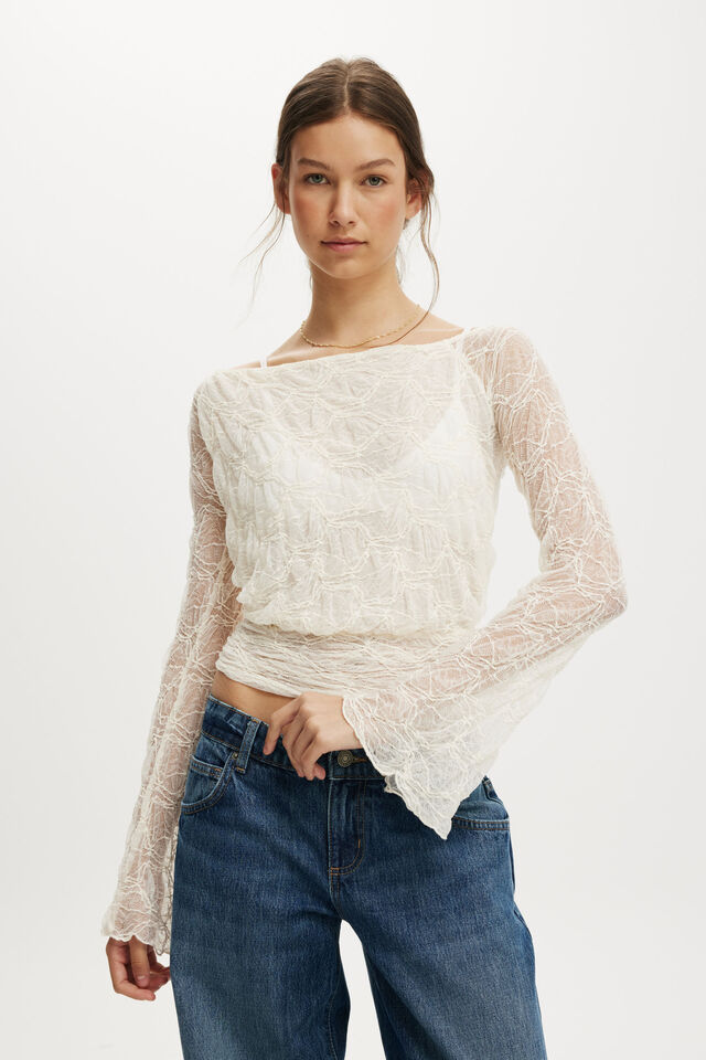 Sofia Lace Long Sleeve Top, SAND WHITE LACE
