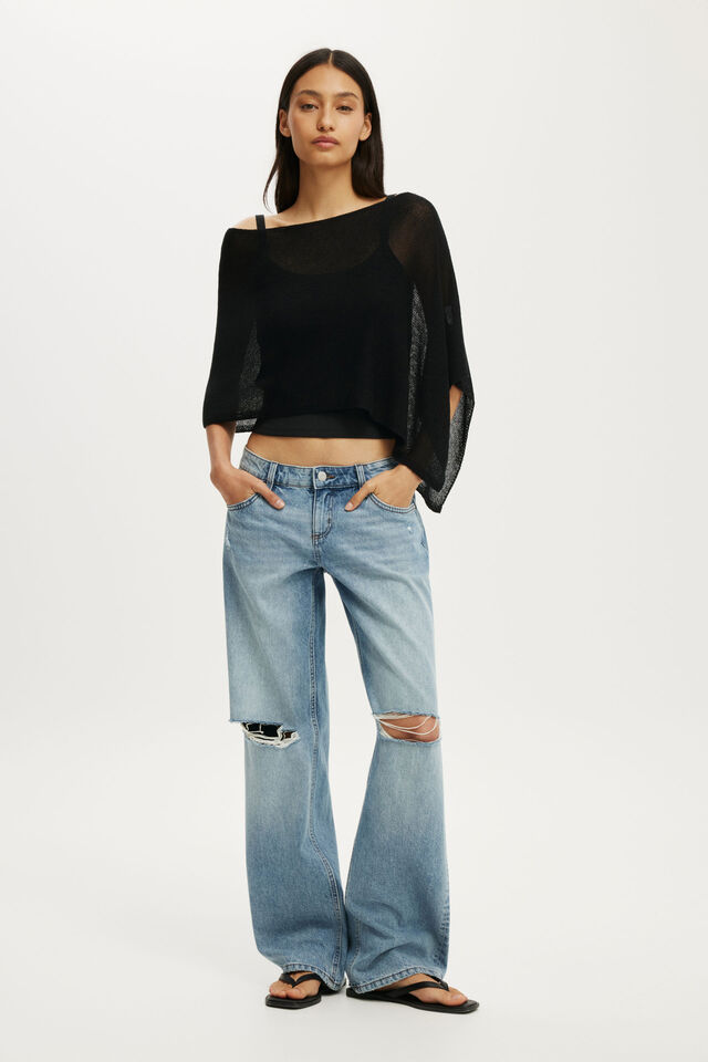 Sheer Knit Poncho, BLACK