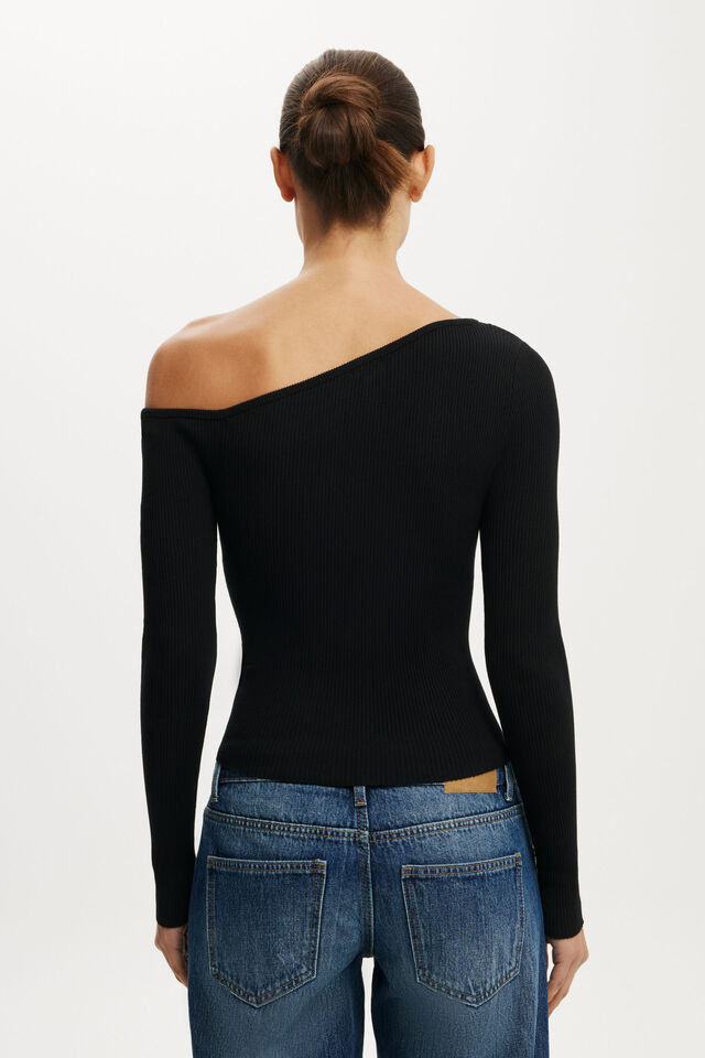 One Shoulder Henley Knit, BLACK