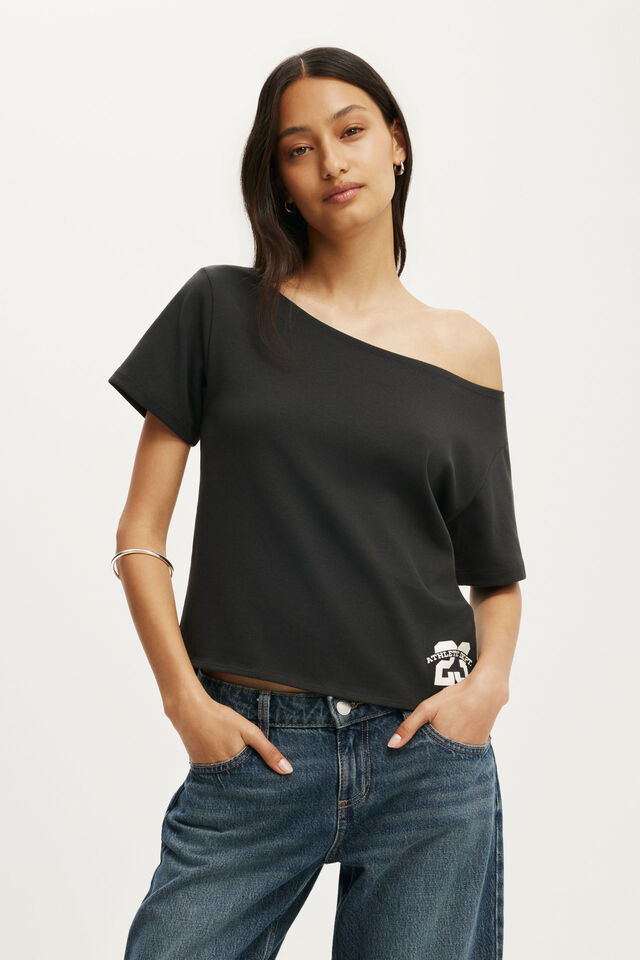 The Sporty Off Shoulder Graphic Tee, ATHS DEPT/WASHED BLACK