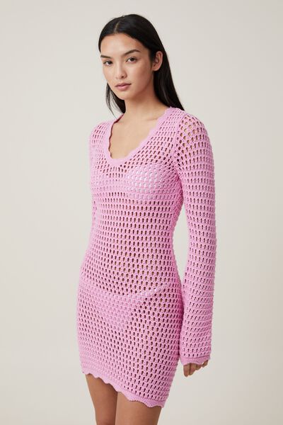 Crochet Long Sleeve Mini Dress, CANDY PINK