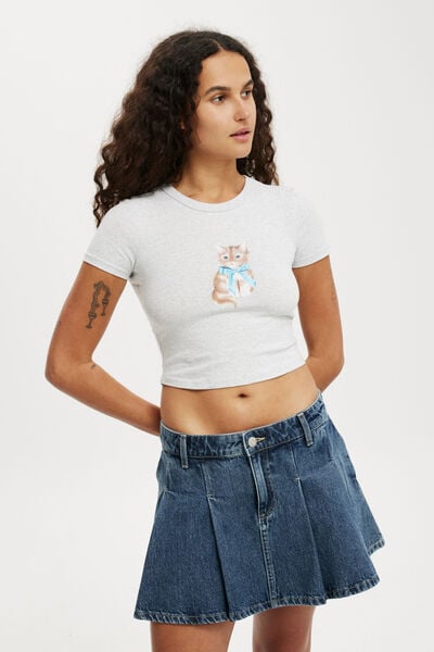 Crop Fit Graphic Tee, KITTY WITH BOW/SOFT GREY MARLE