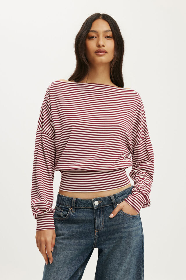 Sage Off Shoulder Long Sleeve, MADI STRIPE CHERRYWOOD/CHERRY BLOSSOM