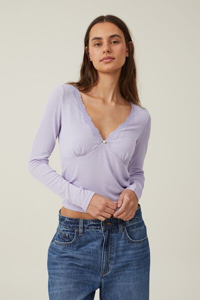 Camiseta - Zena Lace Trim Long Sleeve Top, SOFT LILAC