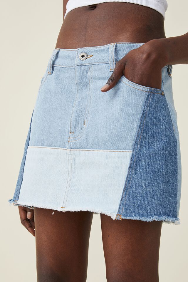 Saia - Patchwork Denim Micro Mini Skirt, BLUE PATCHWORK