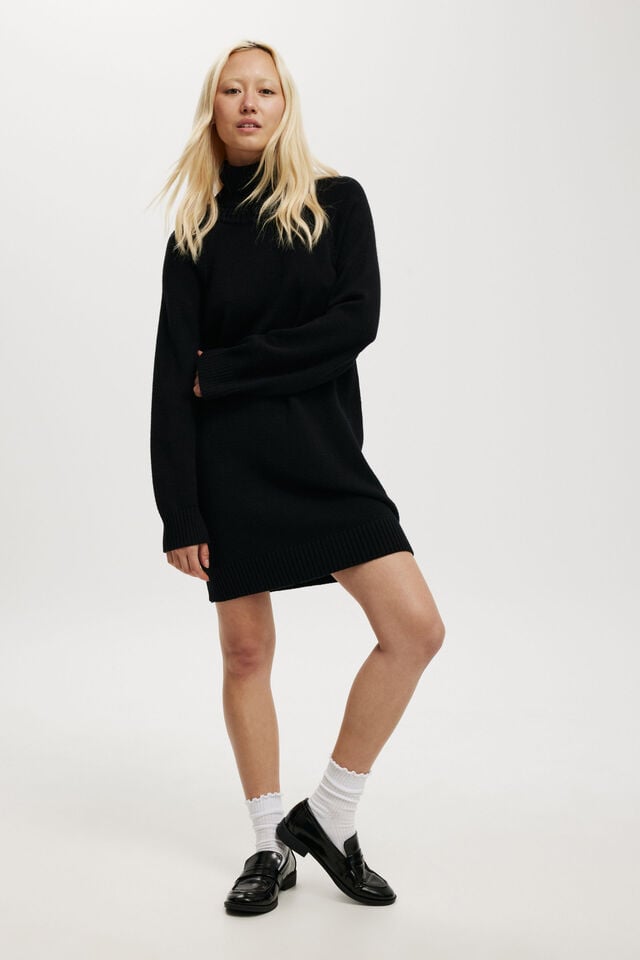 Lux Roll Neck Knit Mini Dress, BLACK