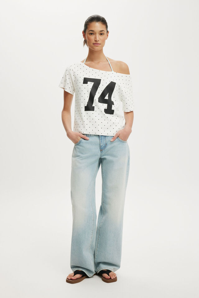 The Sporty Off Shoulder Graphic Tee, 74 / VINTAGE WHITE