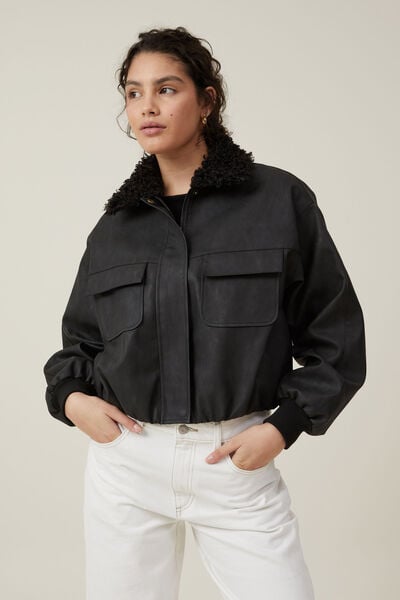 Lucia Faux Leather Bomber Jacket, BLACK