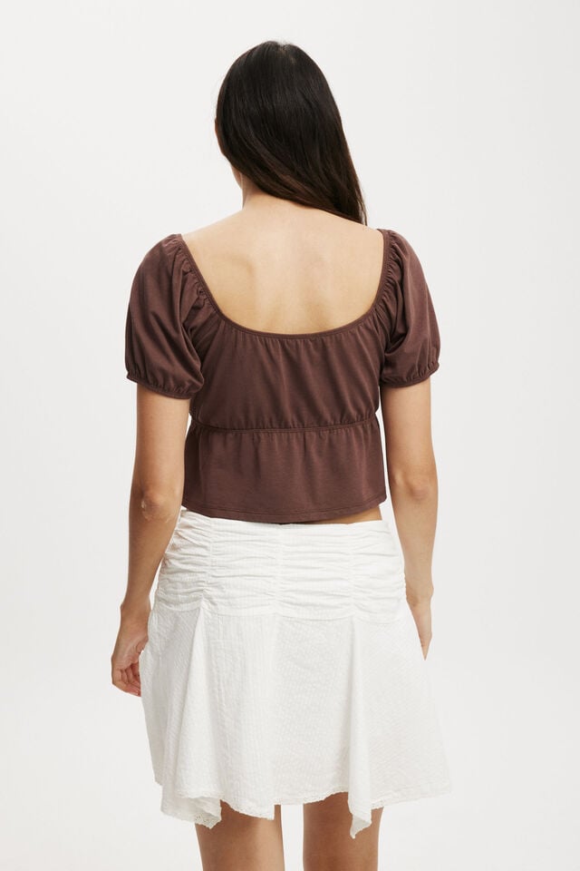 Mila Tie Front Short Sleeve Top, CHOCOLATE